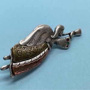Lianna LIA Heralding Angel Pewter Brooch Mixed Metals Rhinestones Christmas Pin